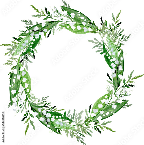 Watercolor wreath with white lily of the valley flowers and green leaves