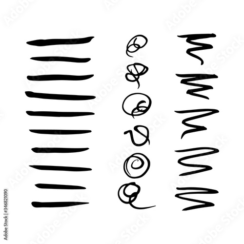 Decorative black brushes on white isolated background. Set of vector brush strokes. Hand-drawn lines for design. Doodle elements.