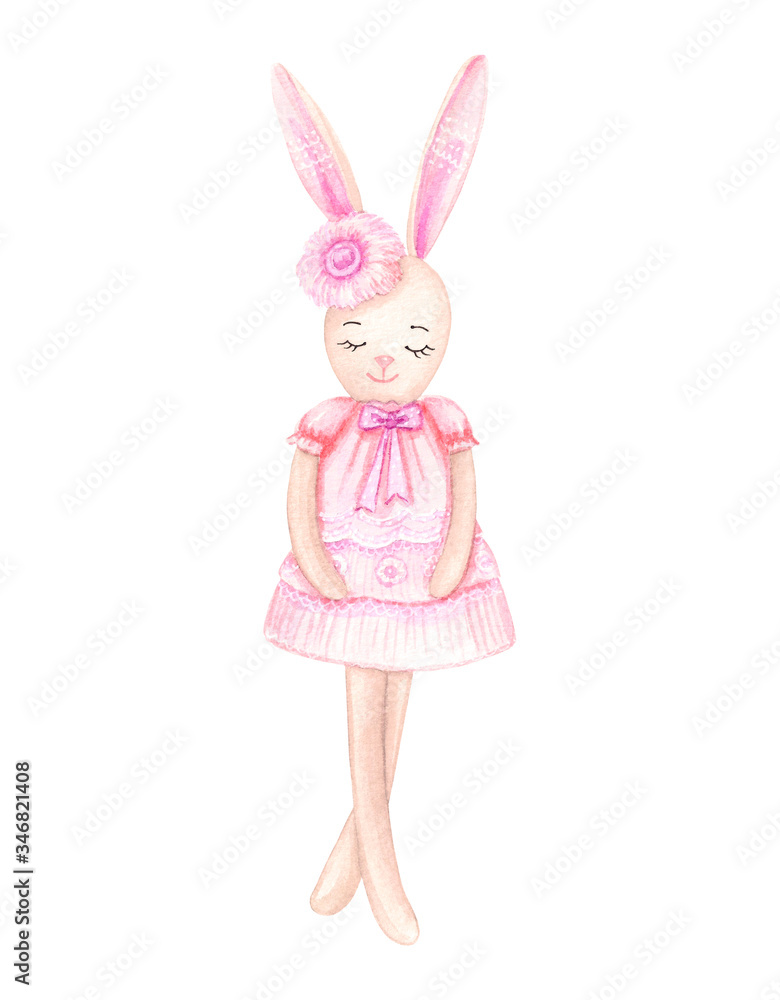 Watercolor illustration of a cute cartoon bunny in a dress. Cute bunny girl toy isolated on white background. Watercolor illustration of a cute cartoon bunny in a dress. Cute bunny girl toy isolated on white background.