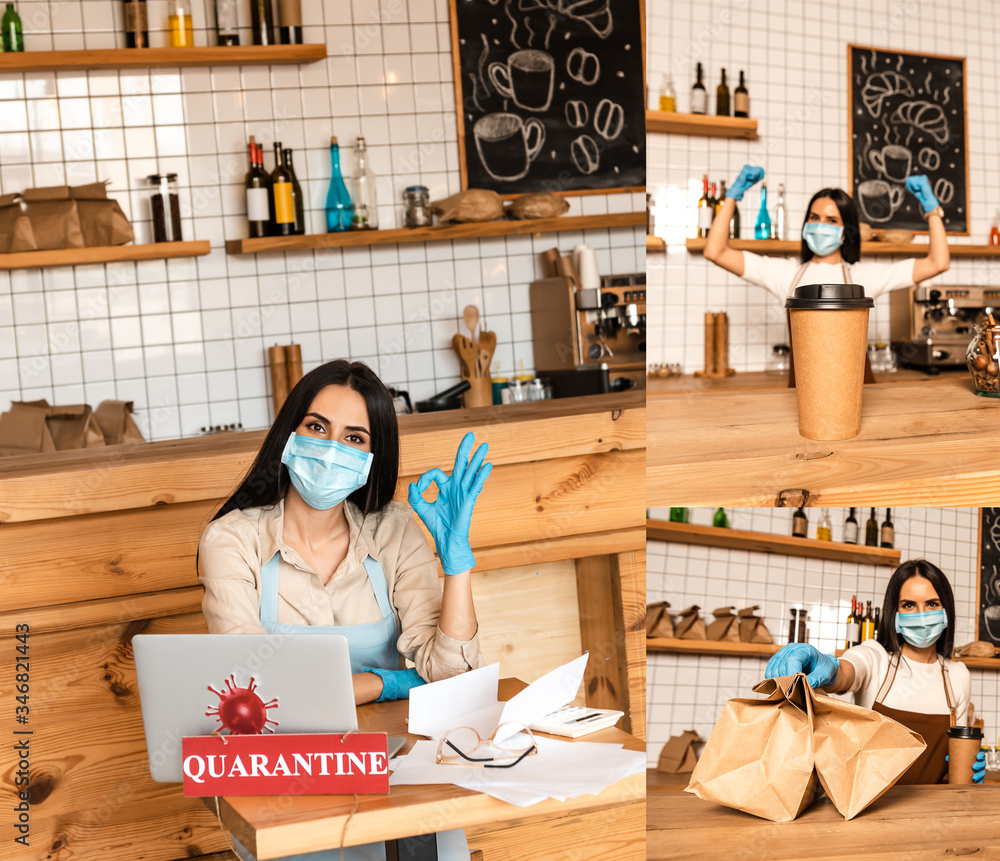 Collage of cafe owner showing okay sign, paper bags near tables with disposable cup of coffee, papers, laptop and card with quarantine inscription