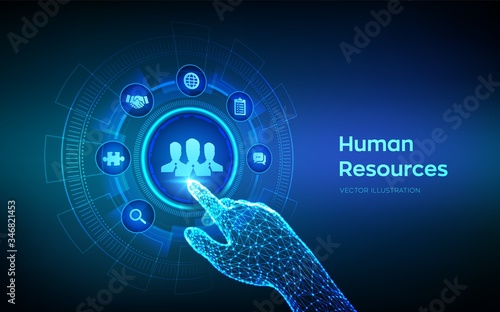 Human Resources. HR management, recruitment, employment, headhunting business concept. Human social network and leadership. Robotic hand touching digital interface. Vector illustration.