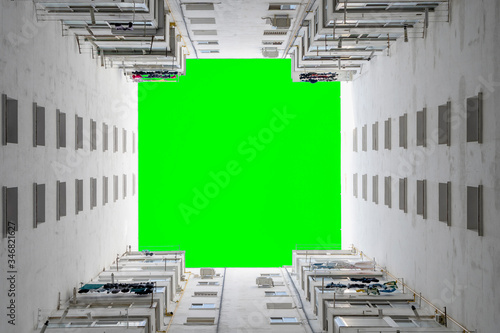 bottom view of inner courtyard with chroma key