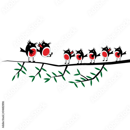 Birds on a branch wall decor. Adult birds and nestlings. Elements for web site, cards and other design ideas. Vector illustration on blank background.