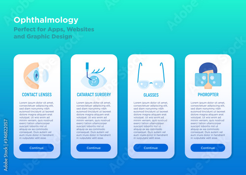 Ophthalmology mobile user interface with flat icons: cataract eye surgery, contact lenses,  eyeglasses, phoropter. Vector illustration, template with copy space.