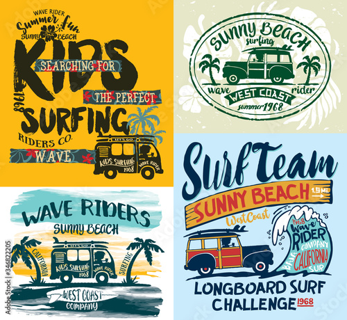 California beach  wave rider cute surfing kid wagon truck vector print collection for summer children wear t shirt
