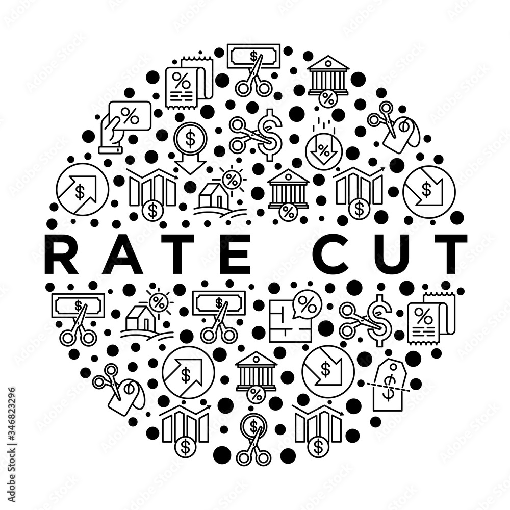 Obraz premium Rate cut concept in circle with thin line icons: cutting price, cost reduction, sale, discount, receipt, loyalty card, interest. Modern vector illustration.