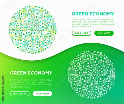 Green economy concept in circle with thin line icons: financial growth, green city, zero waste, circular economy, anti-globalism, global consumption. Vector illustration for environmental issues.