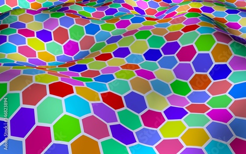 Honeycomb multi-colored. Perspective view on polygon look like honeycomb. Wavy surface. Isometric geometry. 3D illustration
