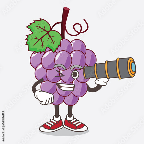 Grape Fruit cartoon mascot character using a monocular
