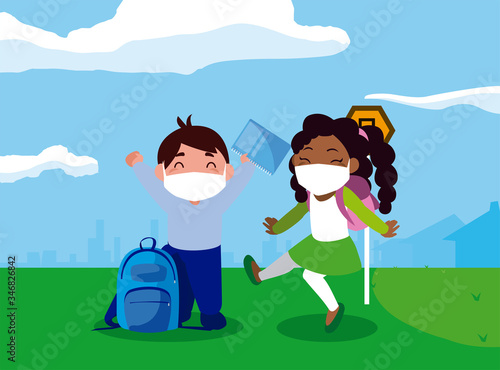 Girl and boy kid cartoon with mask school notebook and bags at bus station vector design