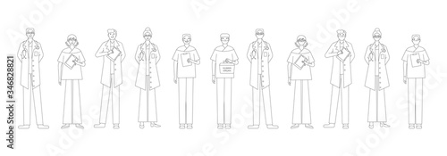 Collection of medical workers. Team of medics wearing fase masks. Isolated on white background. Flat style monochrome illustration.