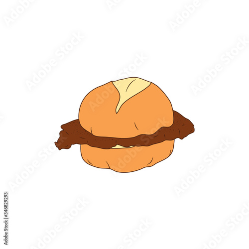 Pork chop bun isolated on white background. Cartoon hand drawn Macau or Macao food and Asian food. Great for menu, icon, logo design.