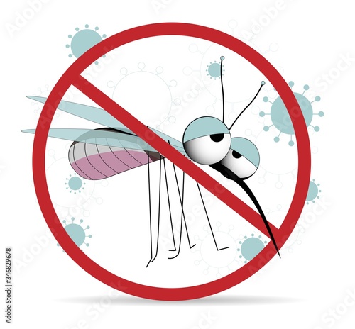 Mosquito warning prohibited sign. insect control vector icon. Cute mosquito character Stop and control mosquitoes, anti-insect illustration. ..