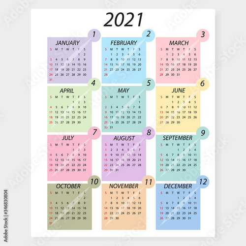 Calendar 2021. Simple minimal design. Week starts from Sunday.