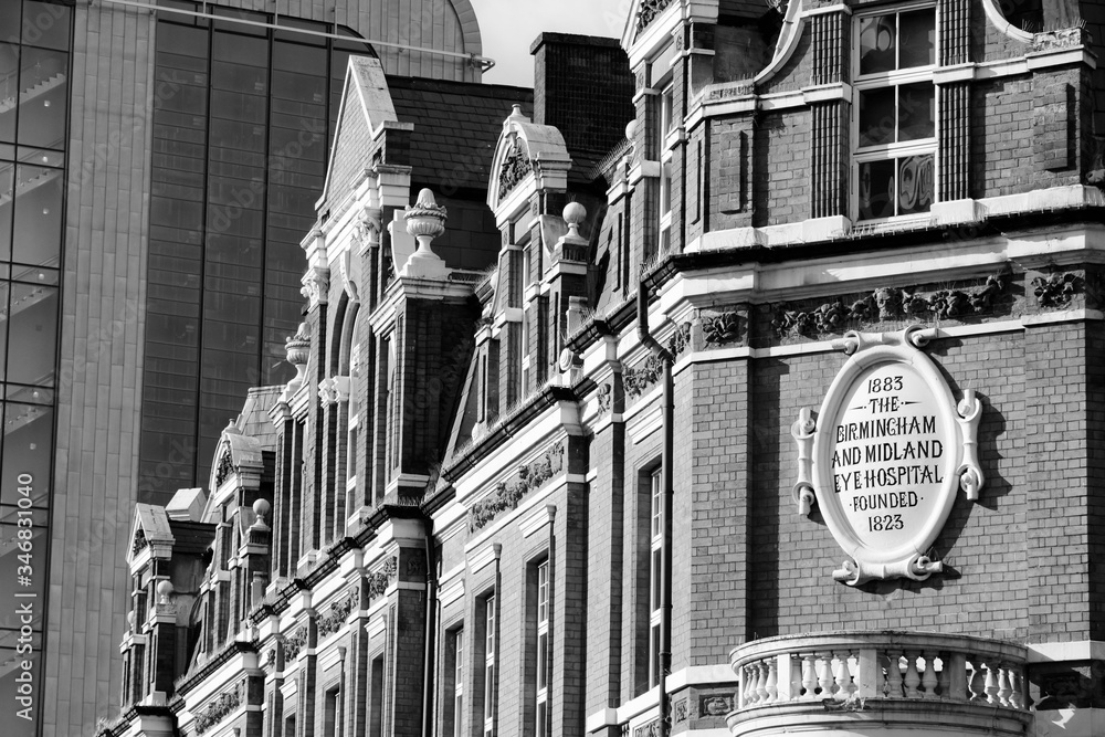 Birmingham hospital. Black and white retro style.