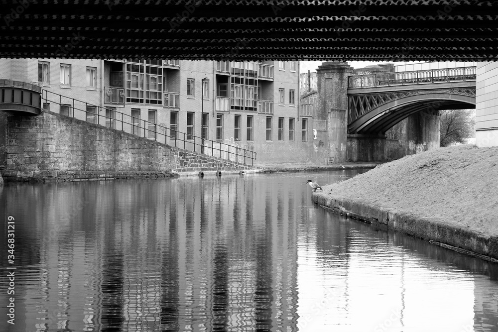 Manchester, UK - Castlefield canal district. Black and white retro style.