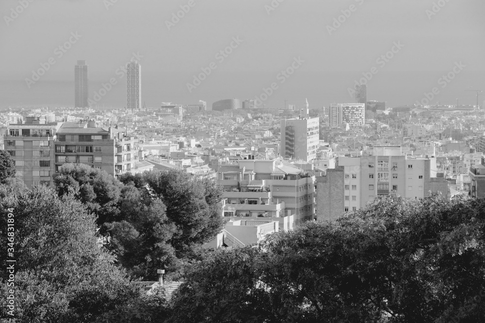 Barcelona city. Black and white retro style.