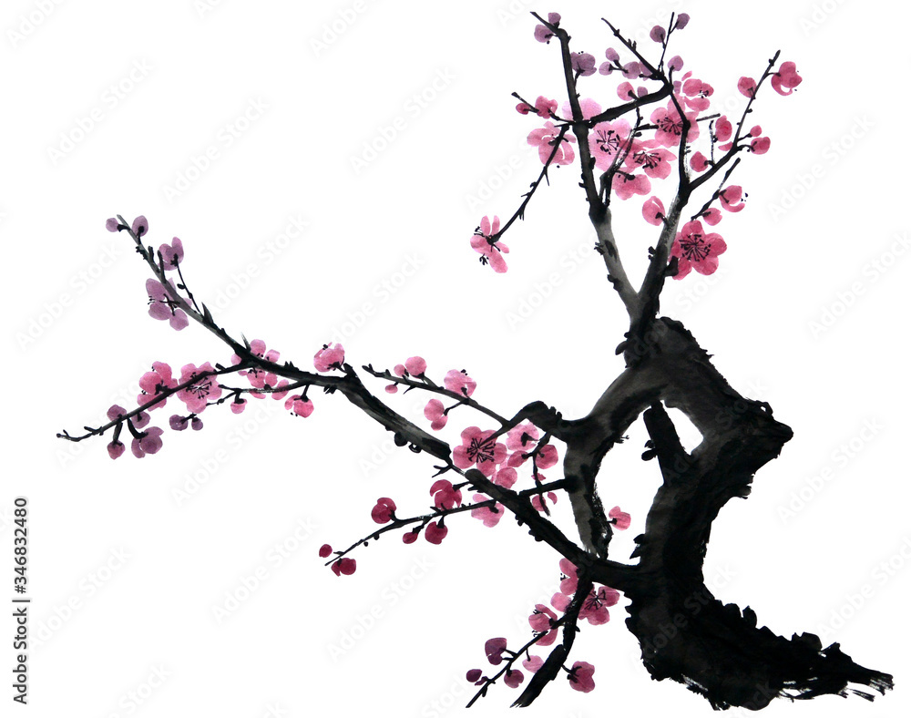 Fototapeta premium A branch of a blossoming tree. Pink and red stylized flowers of plum mei, wild apricots and sakura.