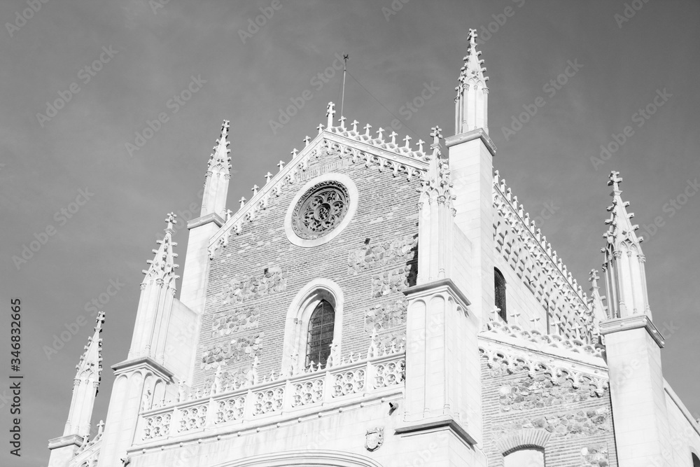 Madrid church. Black and white retro style.