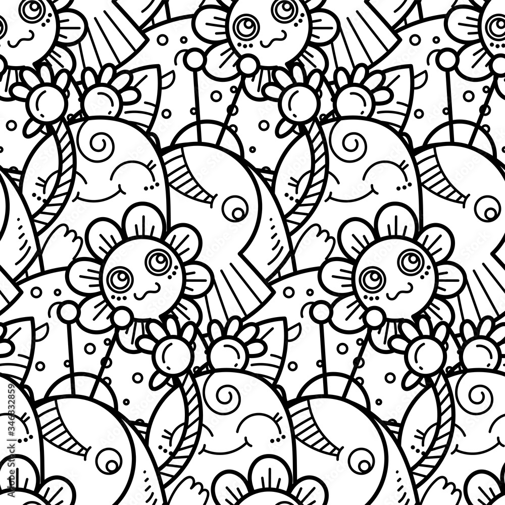 Fototapeta premium Kawaii seamless pattern of friendly doodle monsters,cute and fun variety of colors animals