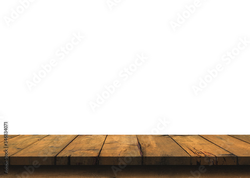 Brown empty wooden table top isolated on white background  used for product placement or Wooden board empty mock up for display of product.