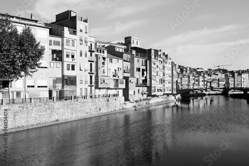 Girona city, Spain. Black and white vintage style.