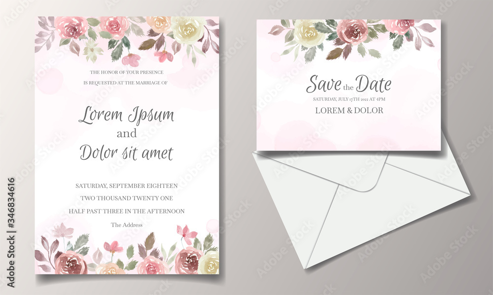 Wedding invitation card with floral and leaves watercolor