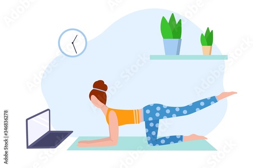 Exercise, yoga and fitness classes online from home. Girl doing workout in her room using a laptop. Stay healthy and fit during epidemic and quarantine. Vector illustration in flat style. 