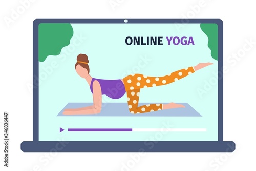 Online yoga classes for pregnant women. Fintess at home concept. Woman instructor on a laptop screen. Vector illustration in flat style.