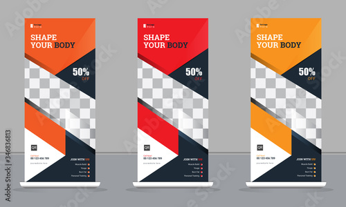Roll up banner. Creative Fitness sale Vertical Roll up banner design template X-banner and Street Fitness Business Flag creative concept or Modern gym Business Roll-up Banner, stand Print Banner.