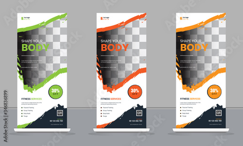 Roll up banner. Creative Fitness sale Vertical Roll up banner design template X-banner and Street Fitness Business Flag creative concept or Modern gym Business Roll-up Banner, stand Print Banner.