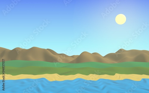 Sun Sea Beach. Noon. Ocean shore line with waves on a beach. Island beach paradise with waves. Vacation  summer  relaxation. Seascape  seashore. Minimalist landscape  primitivism. 3D illustration