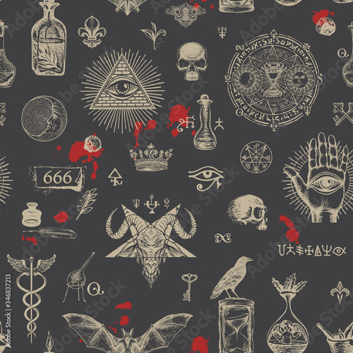 Vector seamless pattern on a theme of satanism, occultism and freemasonry in retro style on black background. Abstract repeating illustration with hand-drawn sinister sketches and blood drops