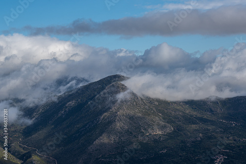 Cloudy foggy mountains landscape view of Exo Mani near Areopoli  Peleponnes  Greece