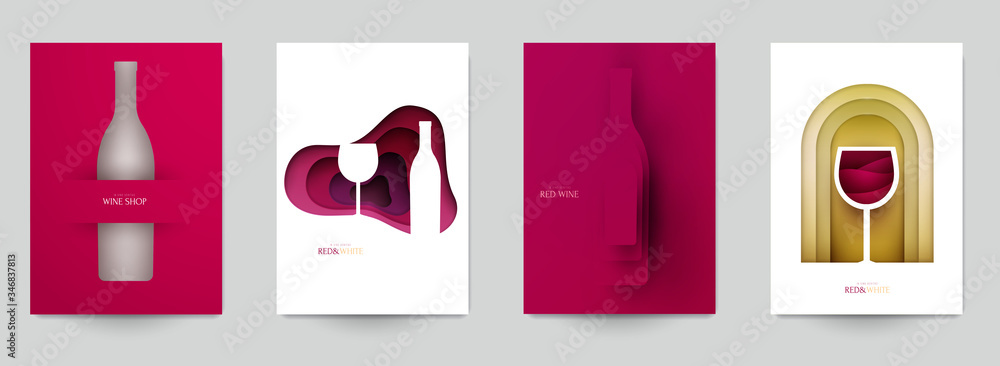 Collection colorful template cover for wine. Abstract art composition in modern geometric papercut style. Minialistic concept design for branding banner, flyer, book, menu, card. Vector illustration. - obrazy, fototapety, plakaty 