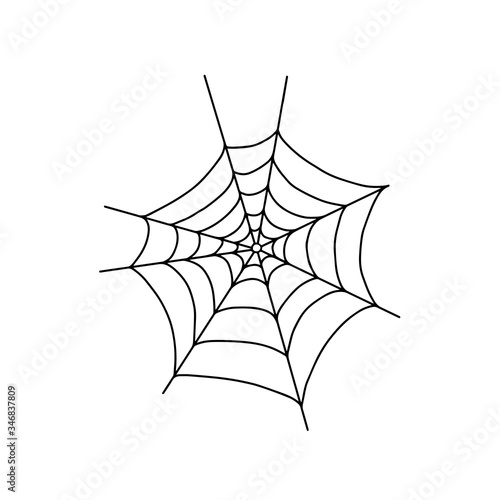 Vector outline illustration of a simple fancy Halloween spider web, isolated object on the white background, clipart useful for halloween party decoration, hand drawn image, cartoon spooky character