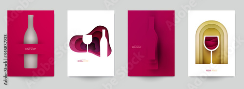 Collection colorful template cover for wine. Abstract art composition in modern geometric papercut style. Minialistic concept design for branding banner, flyer, book, menu, card. Vector illustration.
