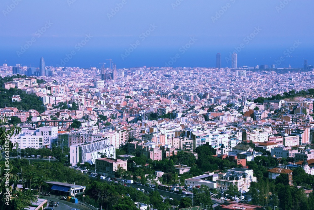 Barcelona skyline. Retro color filtered style.