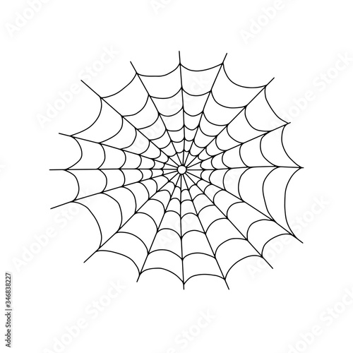 Vector outline illustration of a simple fancy Halloween spider web, isolated object on the white background, clipart useful for halloween party decoration, hand drawn image, cartoon spooky character