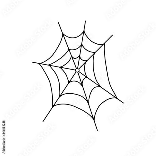 Vector outline illustration of a simple fancy Halloween spider web, isolated object on the white background, clipart useful for halloween party decoration, hand drawn image, cartoon spooky character