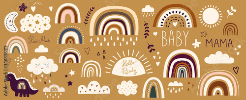Decorative abstract art collection with modern rainbows, funny dinosaur baby and clouds. Hand-drawn modern illustration. Baby trendy decorative collection		