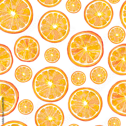 Watercolor painting, seamless pattern. tropical fruits, citrus fruits, slices of lorange. Trendy stylish art background