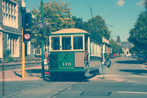 Christchurch tram in New Zealand. Vintage filtered colors style.