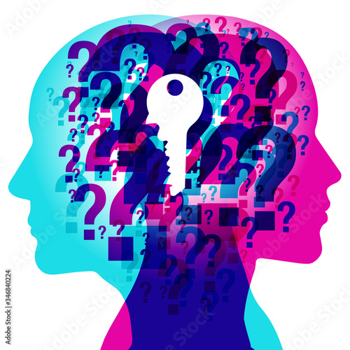A Male and Female side silhouette profile overlaid with various blending semi-transparent Question Marks. Overlaid at the centre is a white key symbol.