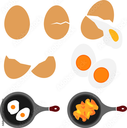 Egg vector icon set, whole egg, cracked, broken, yolk, frying pan, scrambled eggs