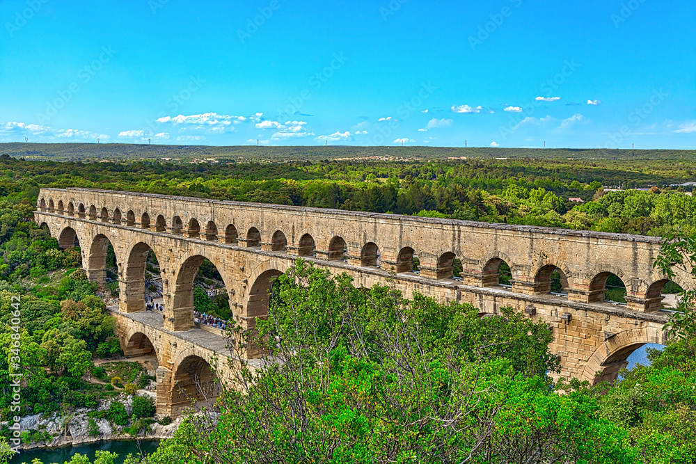 The world famous Pont du Gard, an aqueduct from the time of the Romans, historical building in the south of France