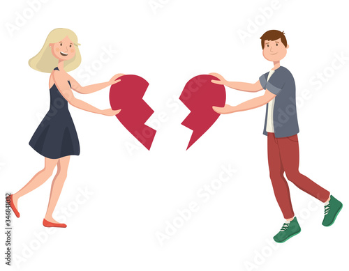 Boy and girl connecting heart. Male and female characters in cartoon style.