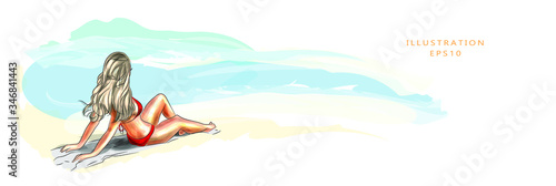 Vector illustration. Beautiful tanned young woman on the beach, lies on the sand and takes sun baths. Vacation and vacation concept on the coast. Summer sun. The shore and the sea.