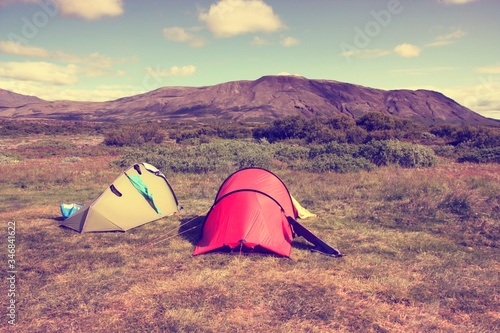 Campsite in Iceland. Vintage filtered colors style.