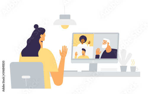 Young girl with friends in a video chat. Online meeting of family and grandfather. Remote communication on the internet. People wave their hands on the monitor screen. Vector illustration, flat design
